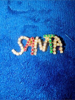 Rhinestone Initials Pin with Red & Green Accents